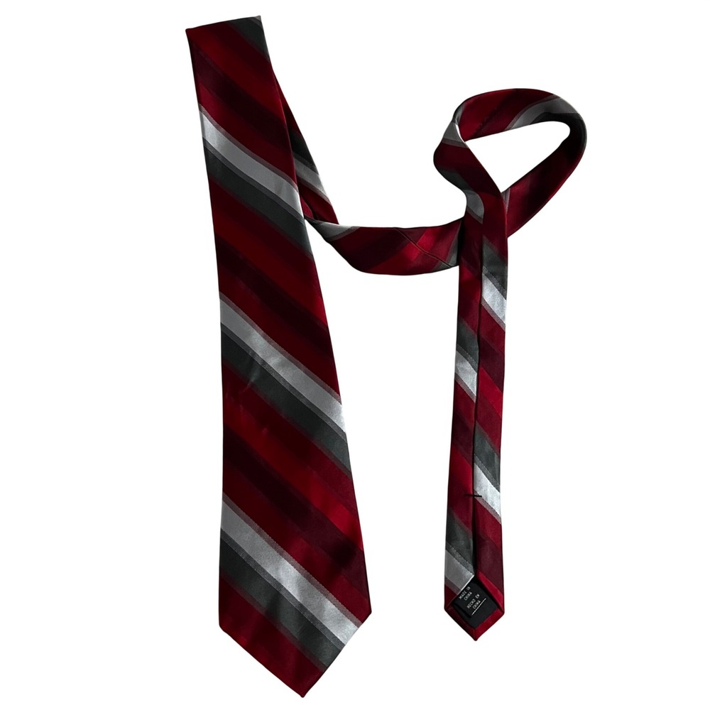 Arrow USA 1851 Mens Red Silver Grey Striped 100% Silk Necktie Business‎ Formal
